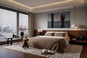 The work Sea View hangs on the wall in an elegant bedroom