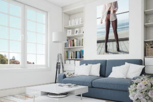 Living room with the artwork Espresso Legs on the wall.