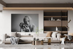 A modern living room, on the wall hangs the beautiful artwork Girl with a Leica II