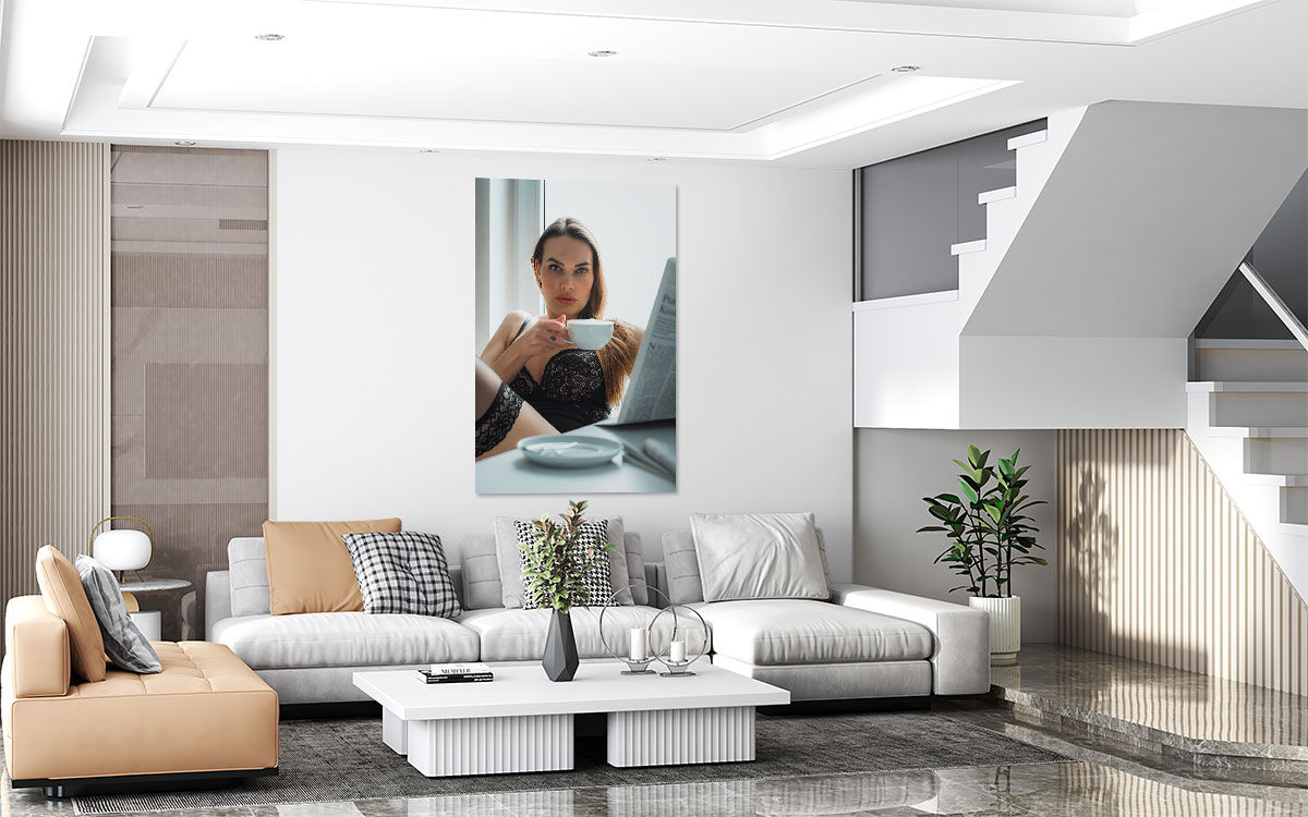 The artwork "Morning Coffee" hangs on the wall in a beautiful living room.
